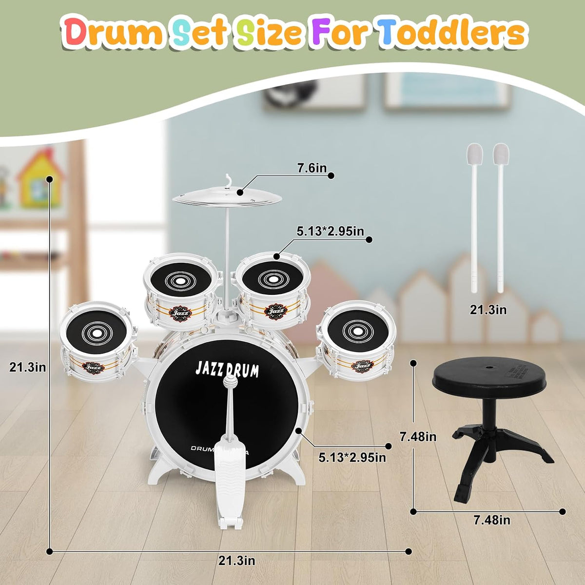 Juego de batería para niños pequeños de 1 a 3 a 5 años, juguetes musicales
