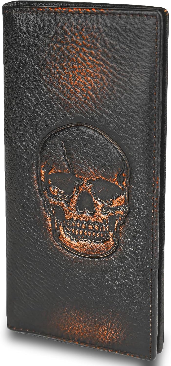 DK86 Cartera larga de calavera para hombre, cuero de grano completo...
