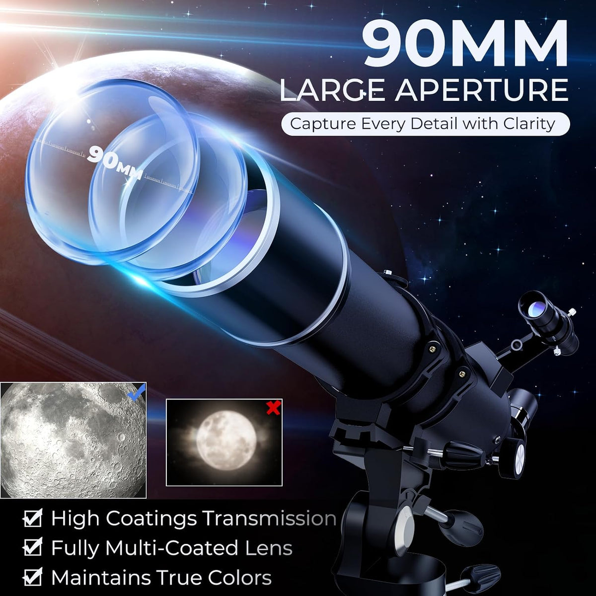 Telescopio de apertura de 3.543 in, refractor de longitud focal de 31.496 in para principiantes y adultos, telescopio de astronomía profesional con aumento de 32X-240X