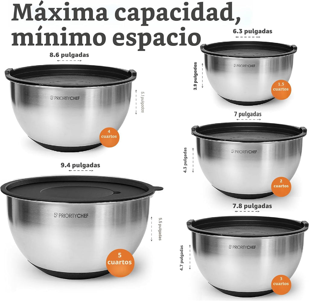 Juego de tazones para mezclar de acero inoxidable con tapas, 3 accesorios para rallar, tapas herméticas, base de silicona antideslizante, tazones grandes de mezcla de metal para cocina