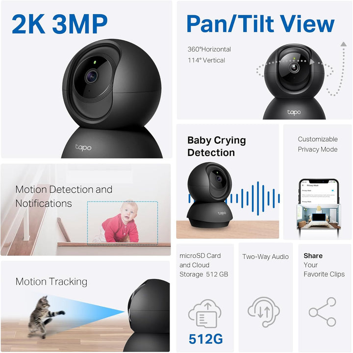 Tapo TP-Link - Cámara de seguridad interior Pan\/Tilt de 2K para mo...