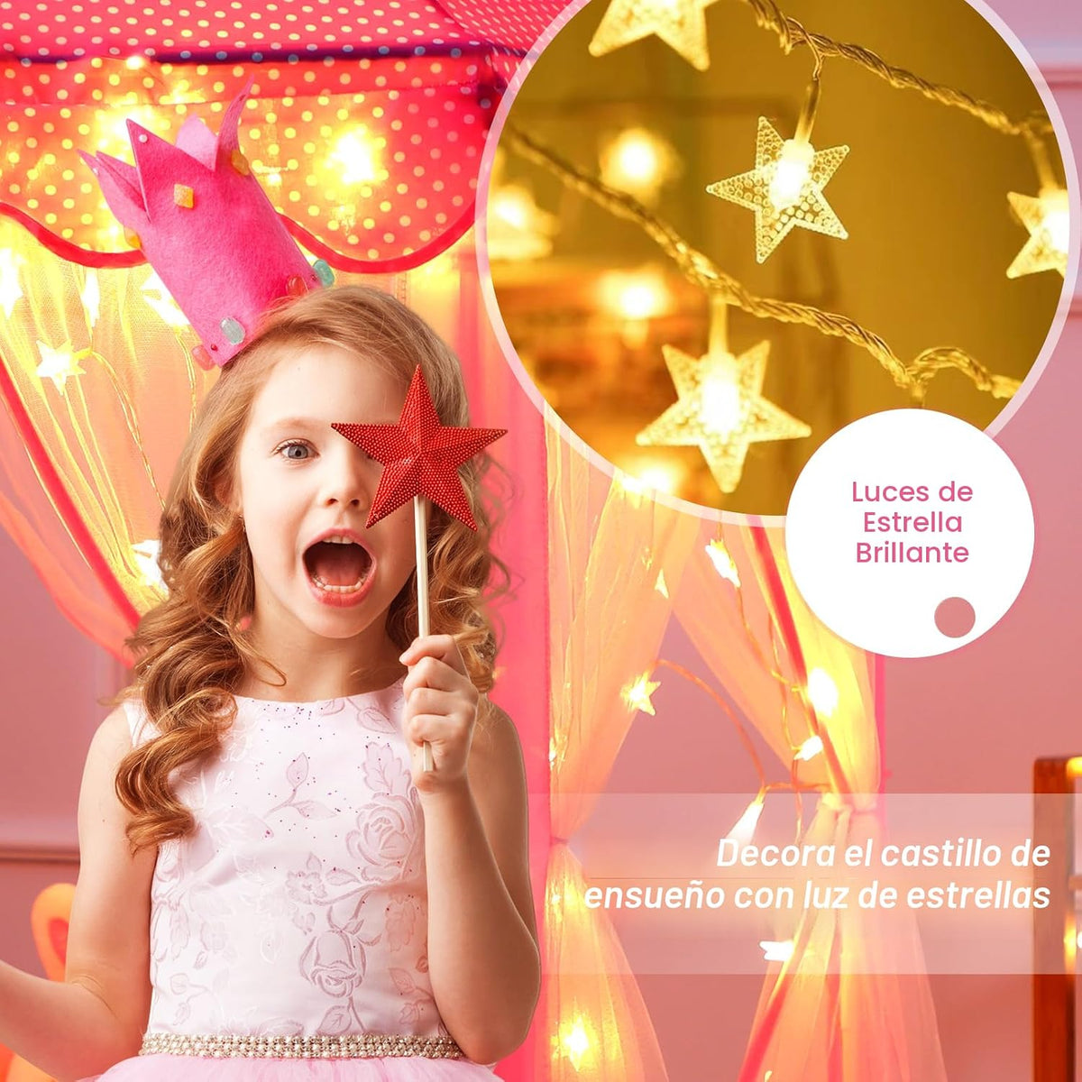 Tienda de campaña de princesa para niñas, casa de juegos grande, castillo para niños, tienda de campaña con luces de estrella, juguete para interiores y exteriores, 55 x 53 pulgadas