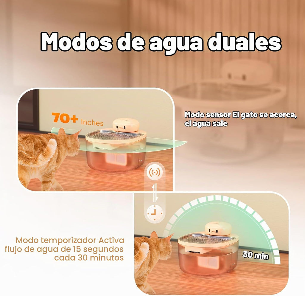 Fuente de agua para gatos sin bombas, fuente para mascotas para gatos en interiores, 3L/102 onzas, dispensador automático de agua para gatos, bandeja de acero inoxidable, funciona con pilas, inalámbrica con sensor de movimiento