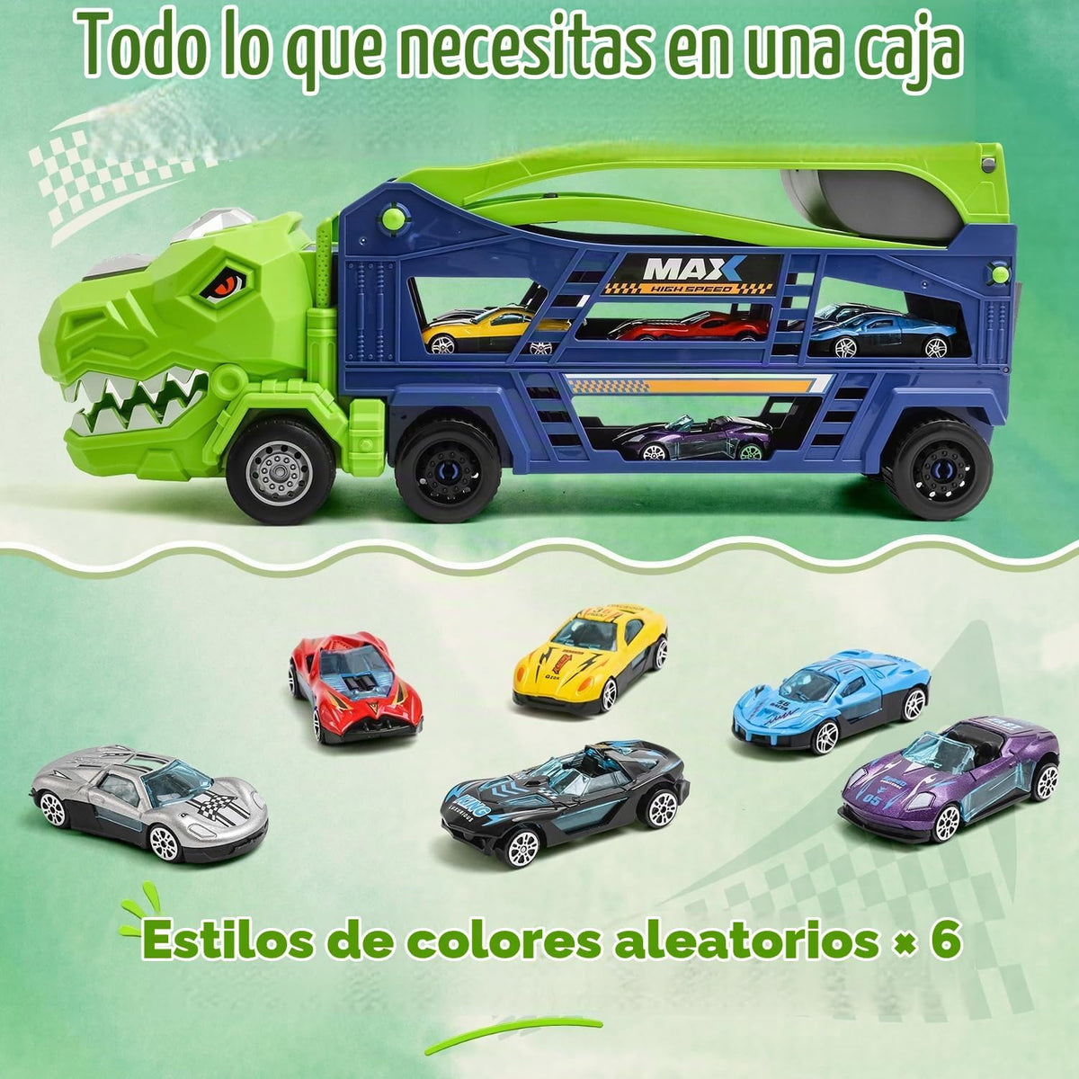 Camión de dinosaurio, camión de dinosaurio, transportador de carreras, pista de carreras con 6 autos fundidos a presión, camión 3 en 1 con 2 pistas de carreras plegables, regalos de cumpleaños