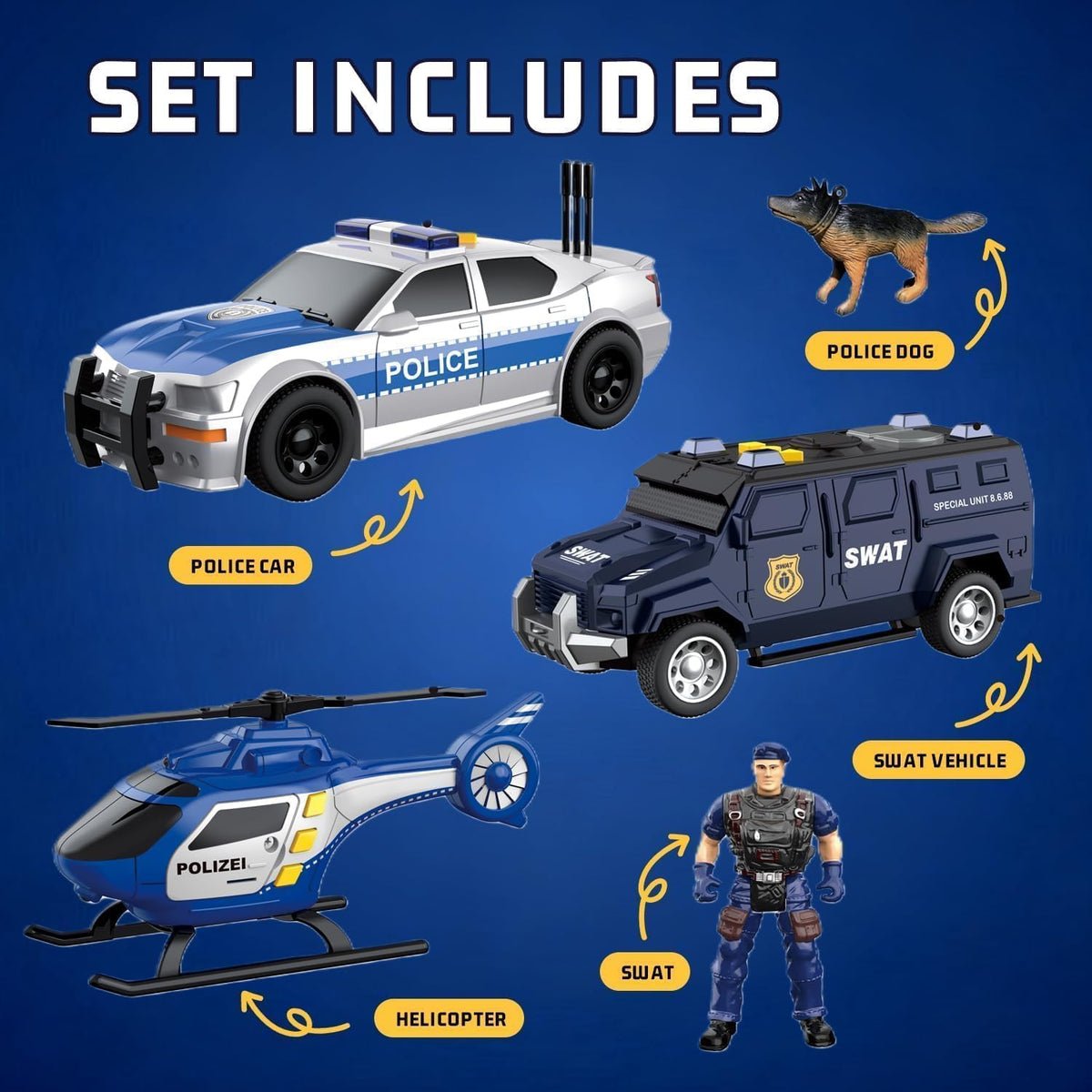 Juego de juguetes de coche de policía, camión blindado SWAT