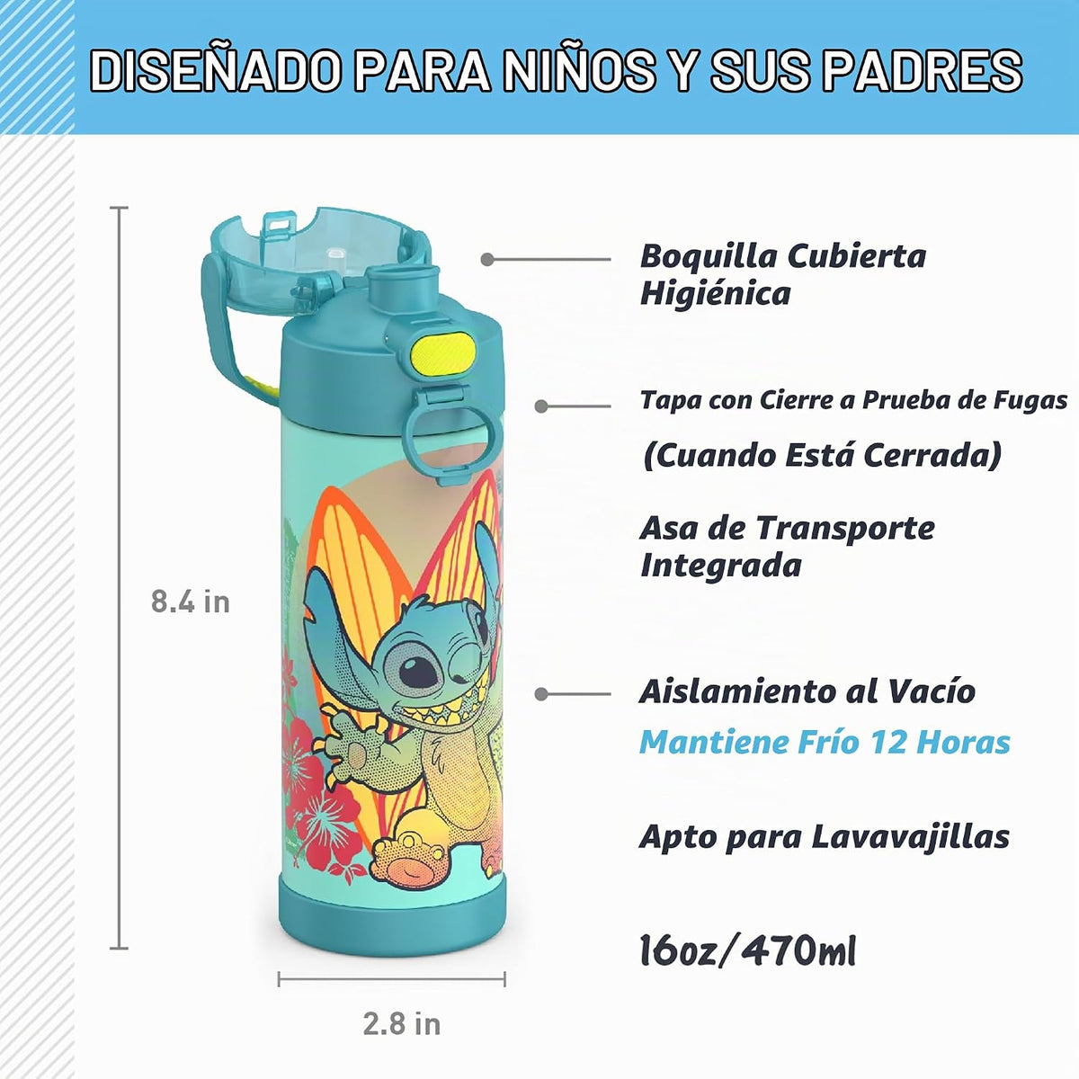 THERMOS FUNTAINER Water Bottle con Spout, 16oz, Stitch