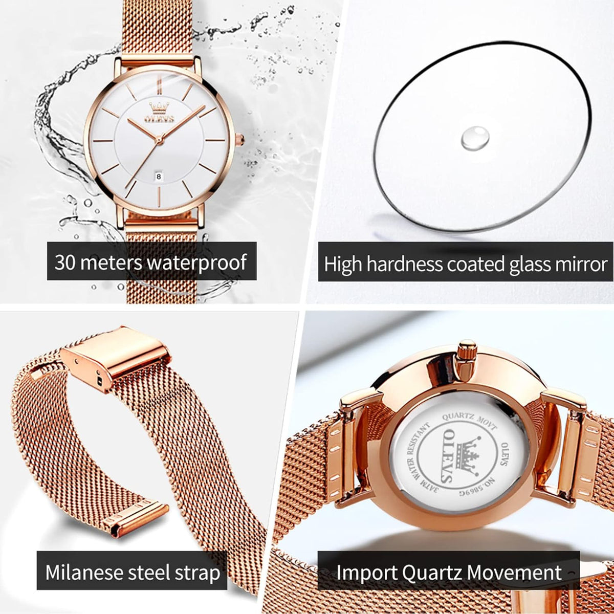 OLEVS Reloj de pulsera de malla para mujer, elegante cara grande de tres manecillas analógicas de cuarzo, reloj de pulsera femenino elegante y delgado con pantalla de fecha impermeable, relojes para
