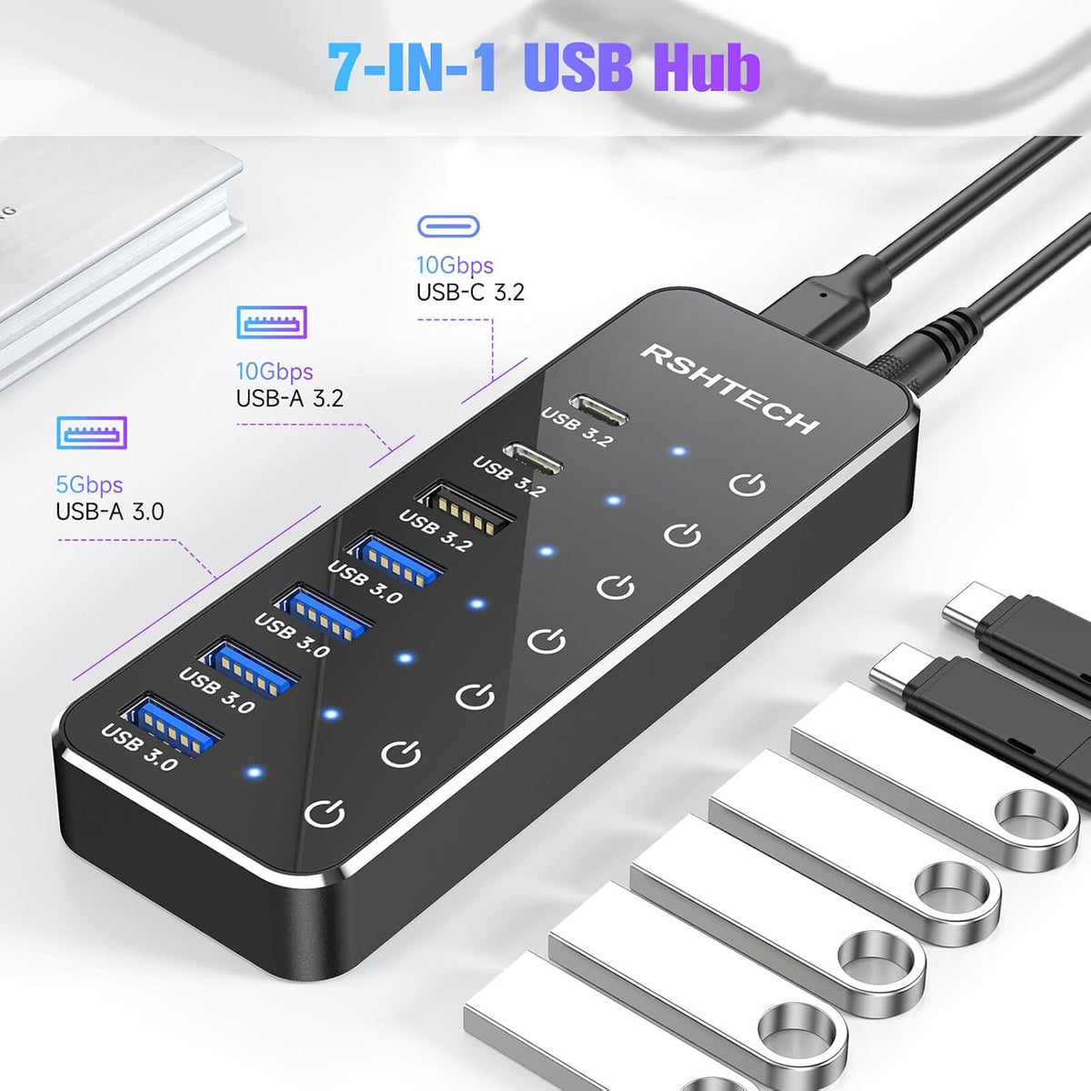 RSHTECH, RSH-ST07C, hub USB 3.2 de 7 puertos, alimentado, adaptador 5V/3A