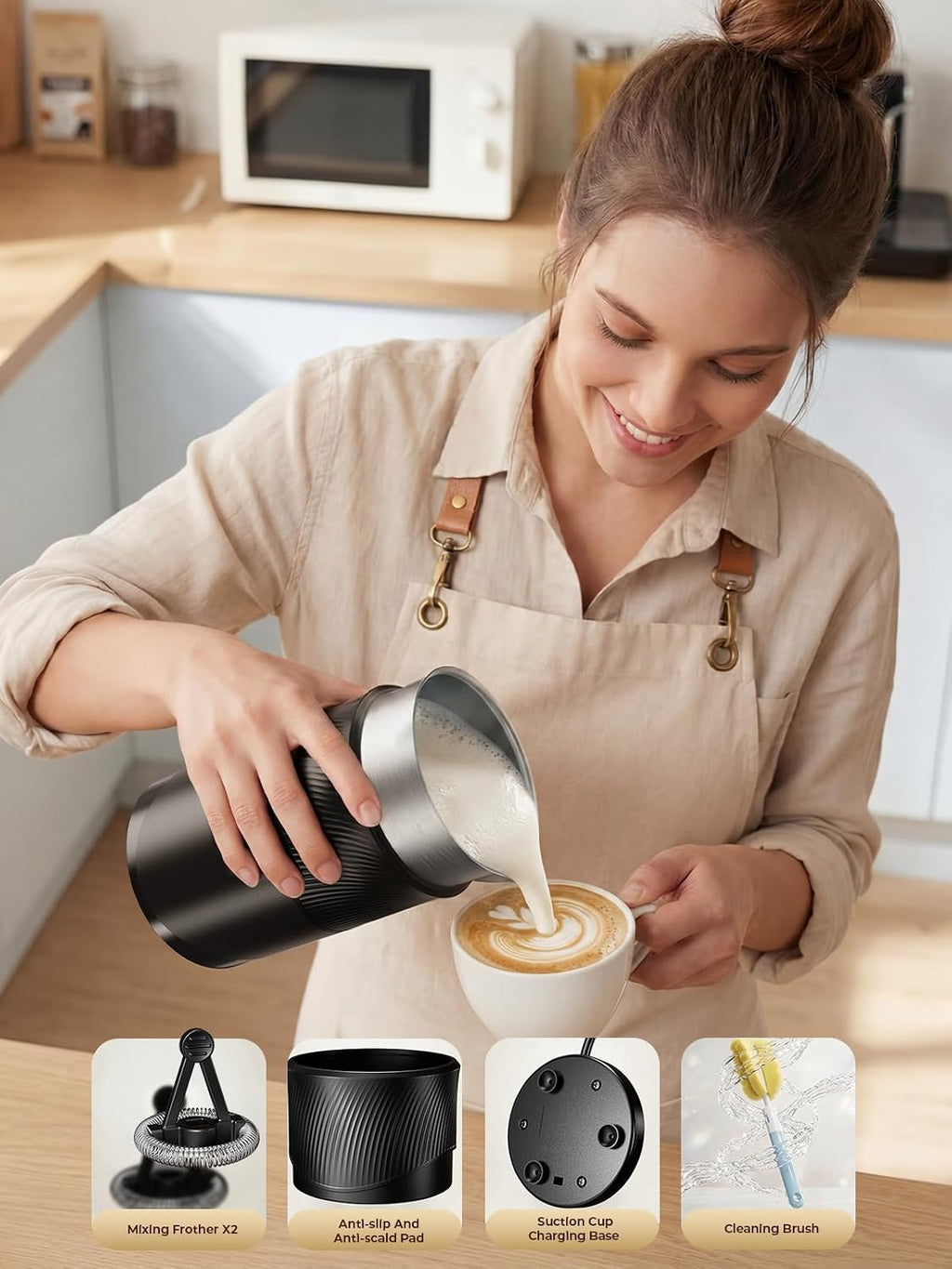 Vaporizador de leche eléctrico 4 en 1: Espumador de leche de gran capacidad 11.8 fl oz, espuma rápida de 7700 RPM en 120 segundos, calentador de espuma fría y caliente, acero inoxidable