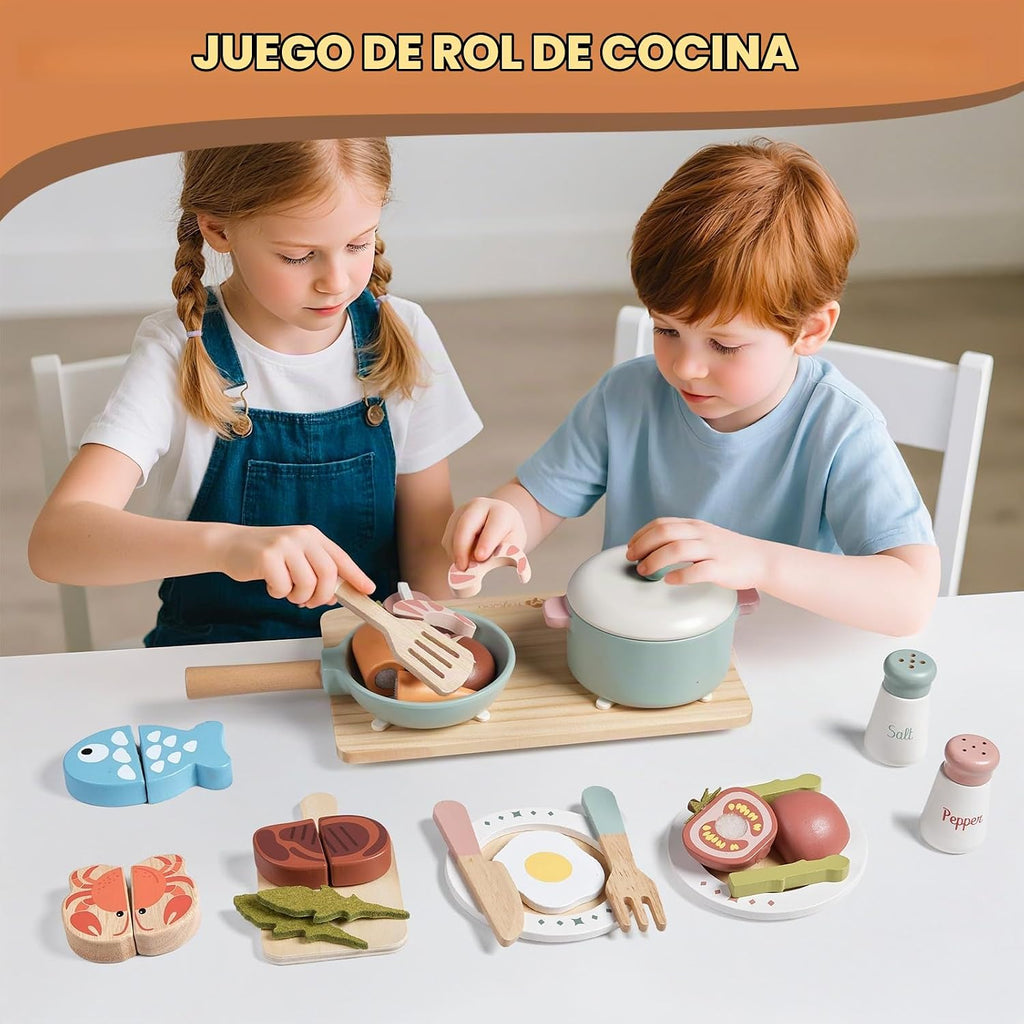 Accesorios de cocina de juguete de madera, juegos de ollas y sartenes de simulación para juego de cocina de niños con estufa de juguete, juegos de cocina para niños pequeños, juguetes de alimentos