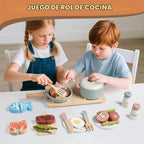 Accesorios de cocina de juguete de madera, juegos de ollas y sartenes de simulación para juego de cocina de niños con estufa de juguete, juegos de cocina para niños pequeños, juguetes de alimentos