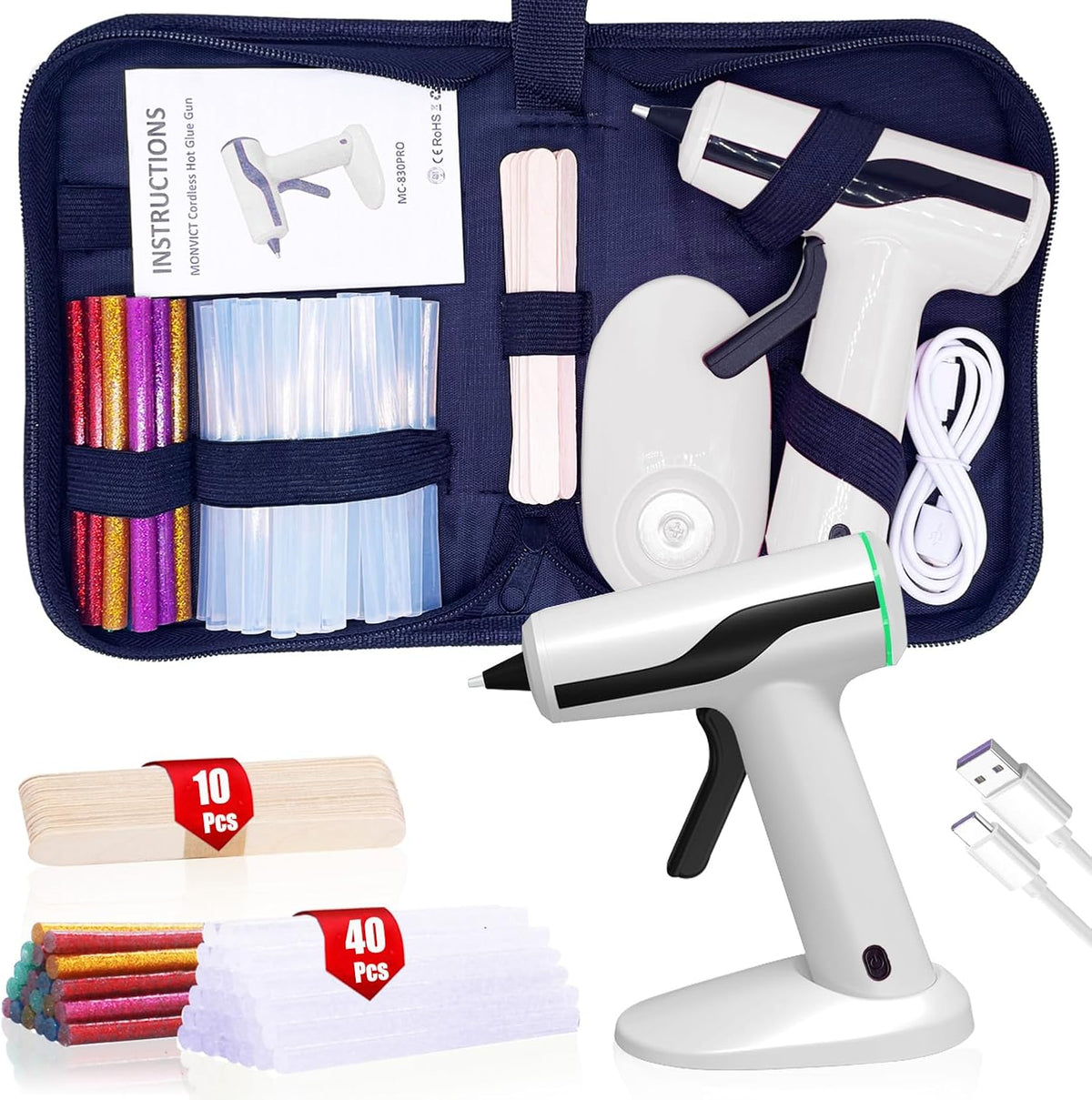 Pistola de pegamento termofusible inalámbrica, apagado inteligente con batería incorporada de 2.2 Ah, kit de mini pistola de pegamento recargable USB-C, 40 barras de pegamento, 10 palos de