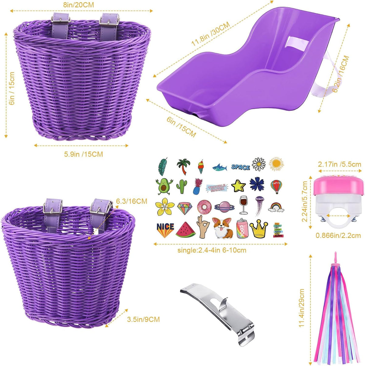 Asiento de bicicleta de muñeca con 30 calcomanías de calcomanías, cesta de bicicleta para niños, manillar de bicicleta, cintas coloridas, borla, margarita, campana de bicicleta para niñas