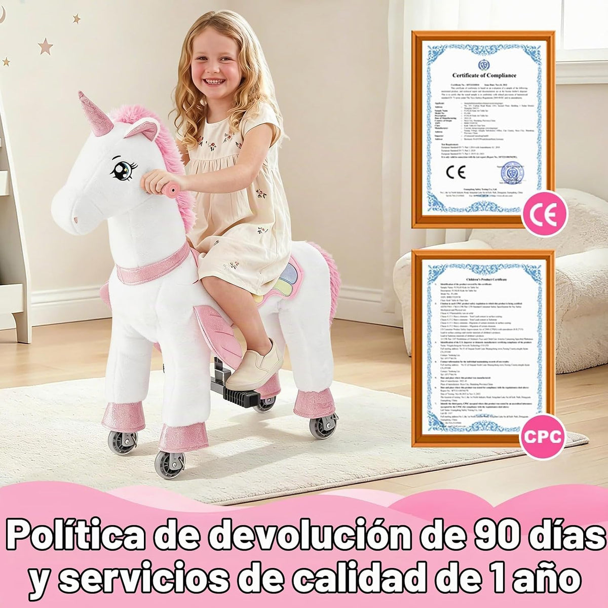 FUNLIO Caballo de unicornio para niños de 5 a 12 años, juguetes de felpa con ruedas para jugar en interiores y exteriores, fácil de montar, certificado CPC y CE, grande