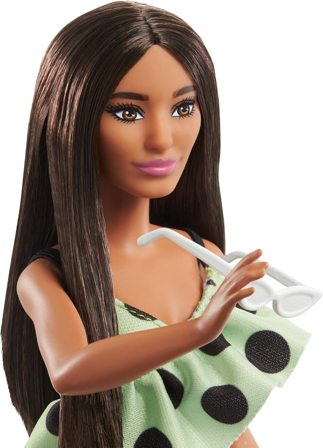 Barbie Fashionistas Doll #200 con pelo moreno, mameluco de lunares...