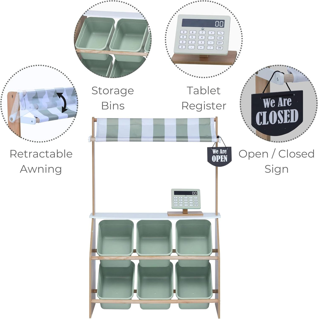 Teamson Kids Little Helper - Puesto de madera del mercado de granjeros con caja registradora de juguete y 6 contenedores de almacenamiento de plástico, verde, TD-13638A-AMZ