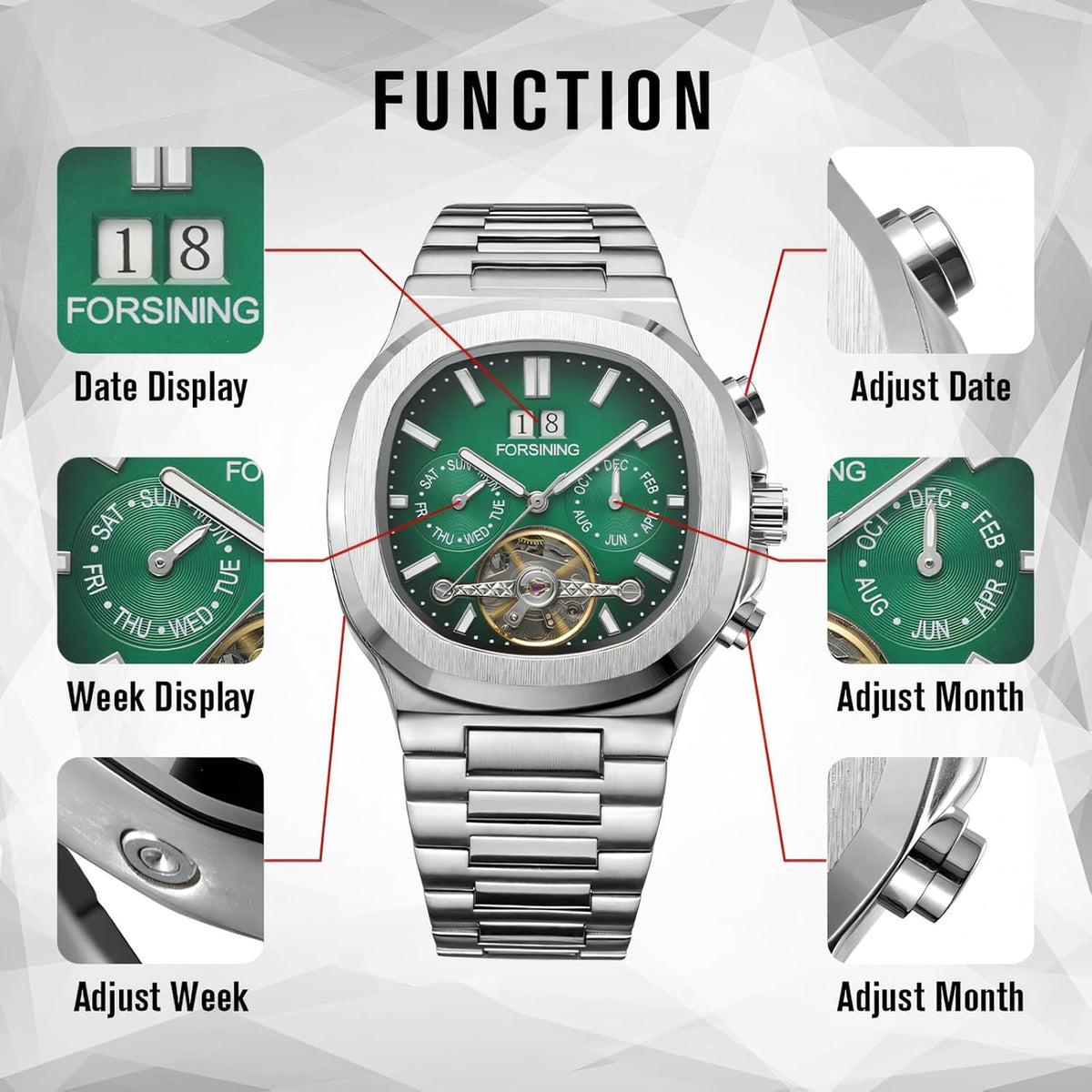 FORSINING Reloj mecánico automático para hombre, caja cuadrada clásica, esfera Tourbillon, multifuncional (fecha/semana/mes) reloj de pulsera casual de negocios con acero inoxidable Starp impermeable