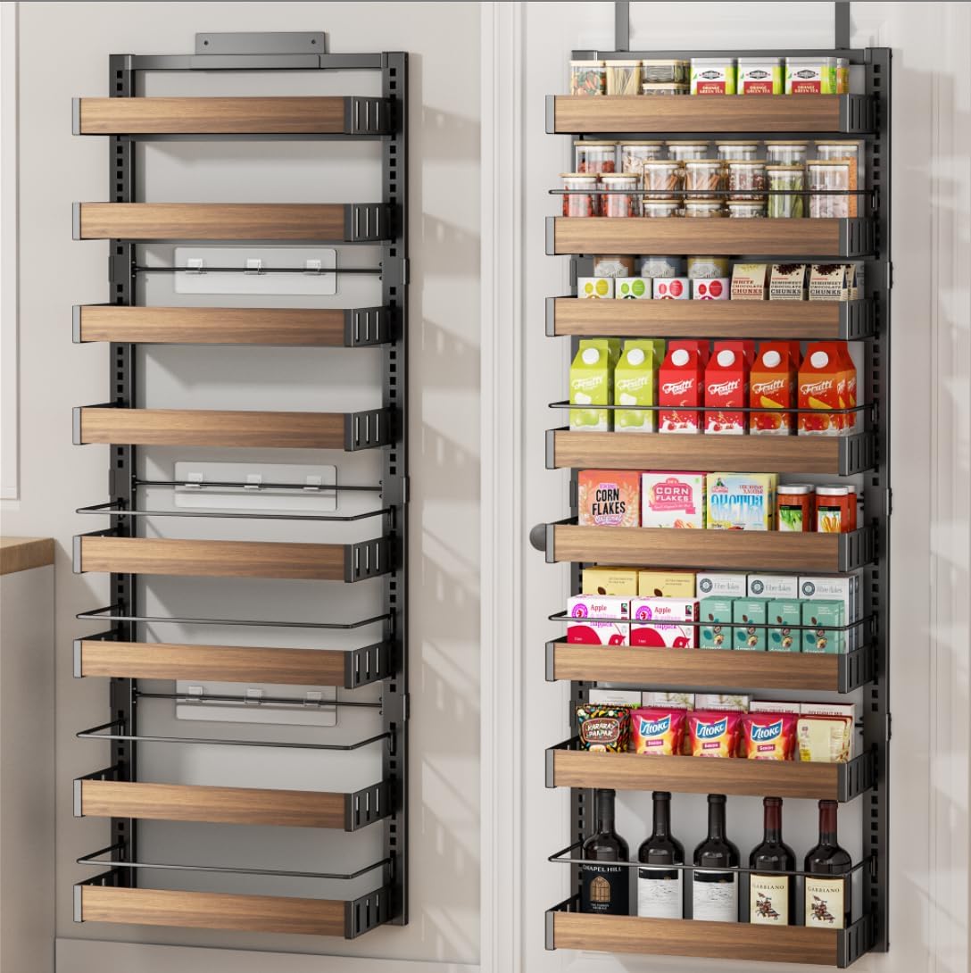 Organizador de despensa de 8 niveles sobre la puerta, 2 en 1 para montaje en pared o estante de especias colgante, estantes de condimentos con cesta ajustable, organizador trasero de puerta y