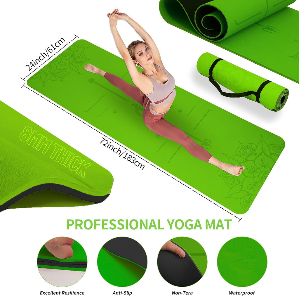 Alfombrilla de yoga gruesa, 6 bandas de resistencia de tela, paquete de 2 bloques de yoga, equipo de entrenamiento en casa, kit básico de inicio para principiantes de tonificación de cuerpo