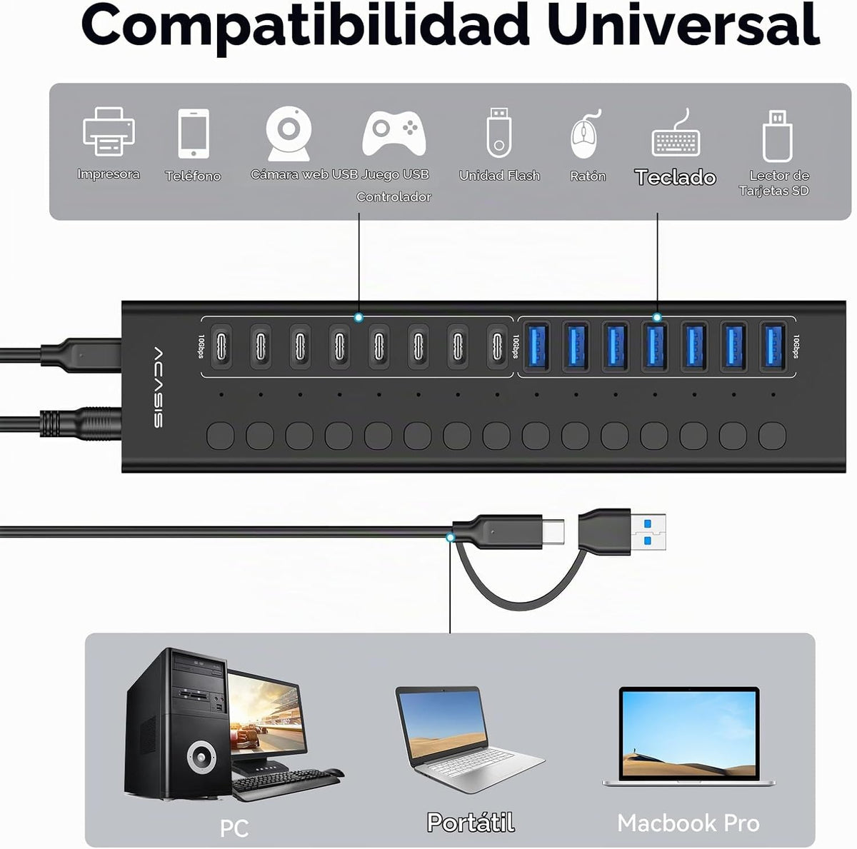 ACASIS, HB16Pro-BK, hub USB 3.2 de 16 puertos, alimentado, adaptador 5V/1.5A