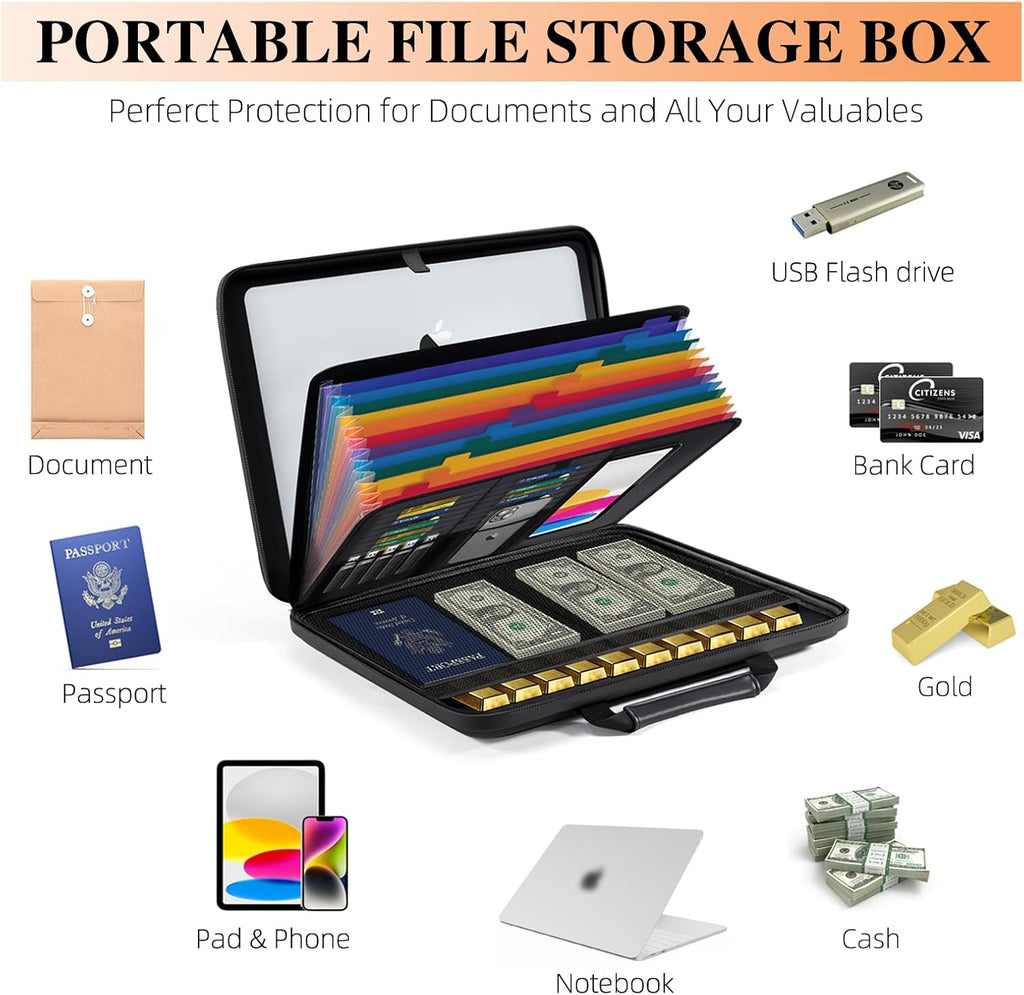 Caja de documentos ignífuga Organizador de archivos: Estuche rígido Caja impermeable ignífuga con cerradura y carpeta de archivos de acordeón de 13 bolsillos, portátil, para oficina en casa, almacenamiento seguro de viaje para documentos y archivos