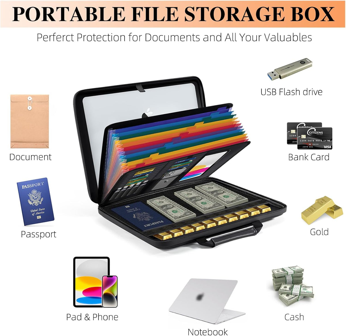 Caja de documentos ignífuga Organizador de archivos: Estuche rígido Caja impermeable ignífuga con cerradura y carpeta de archivos de acordeón de 13 bolsillos, portátil, para oficina en casa, almacenamiento seguro de viaje para documentos y archivos