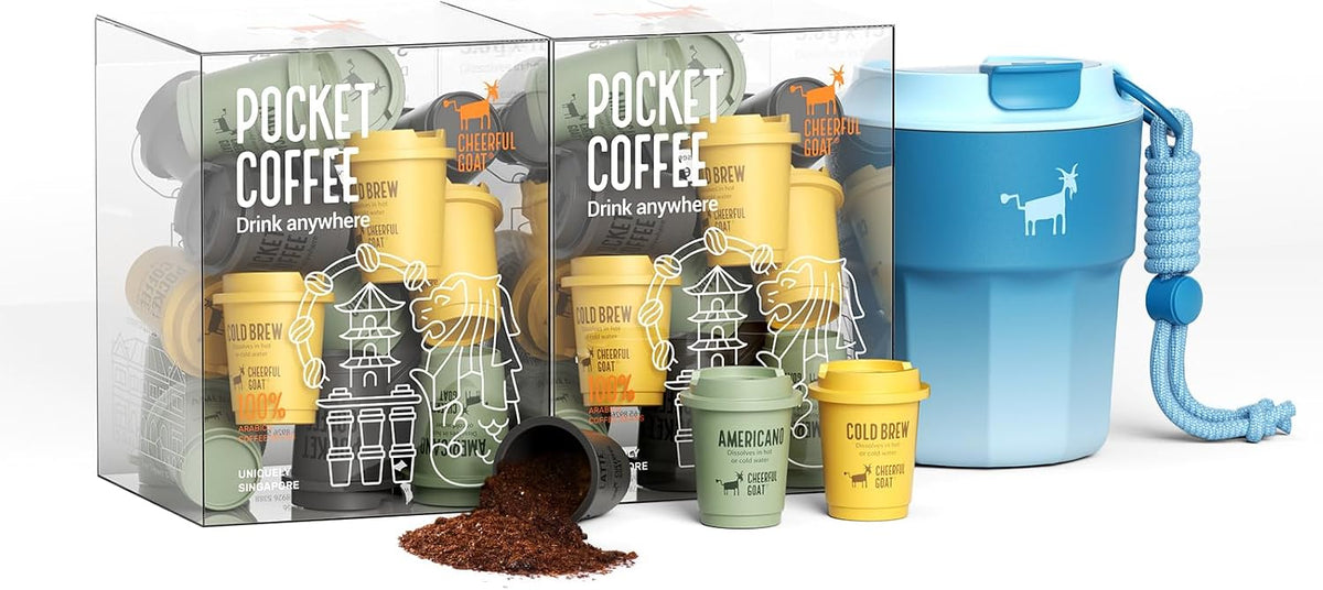 CHEERFUL GOAT Instant Cold Brew Coffe - Taza de viaje de café con forro de cerámica, café de bolsillo especial 100% arábica, liofilizado para una máxima frescura, sin azúcar, sin aditivos