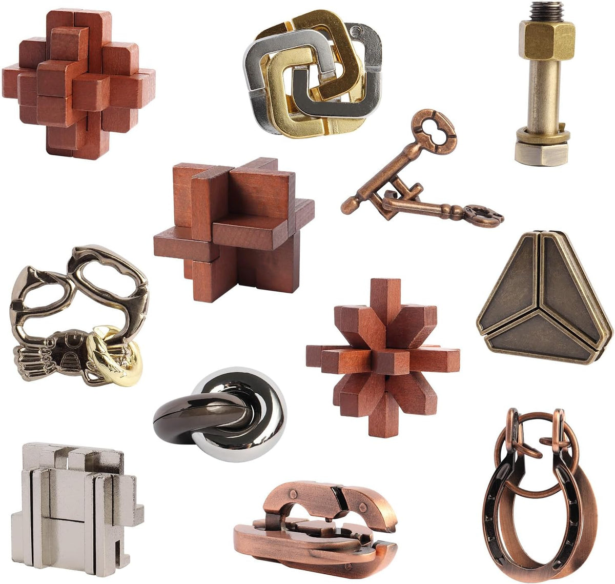 12 piezas de rompecabezas de juguetes de madera y metal, juego de rompecabezas cerebrales para adultos y niños, juguete de escritorio, rompecabezas de cerradura, regalo para adolescentes