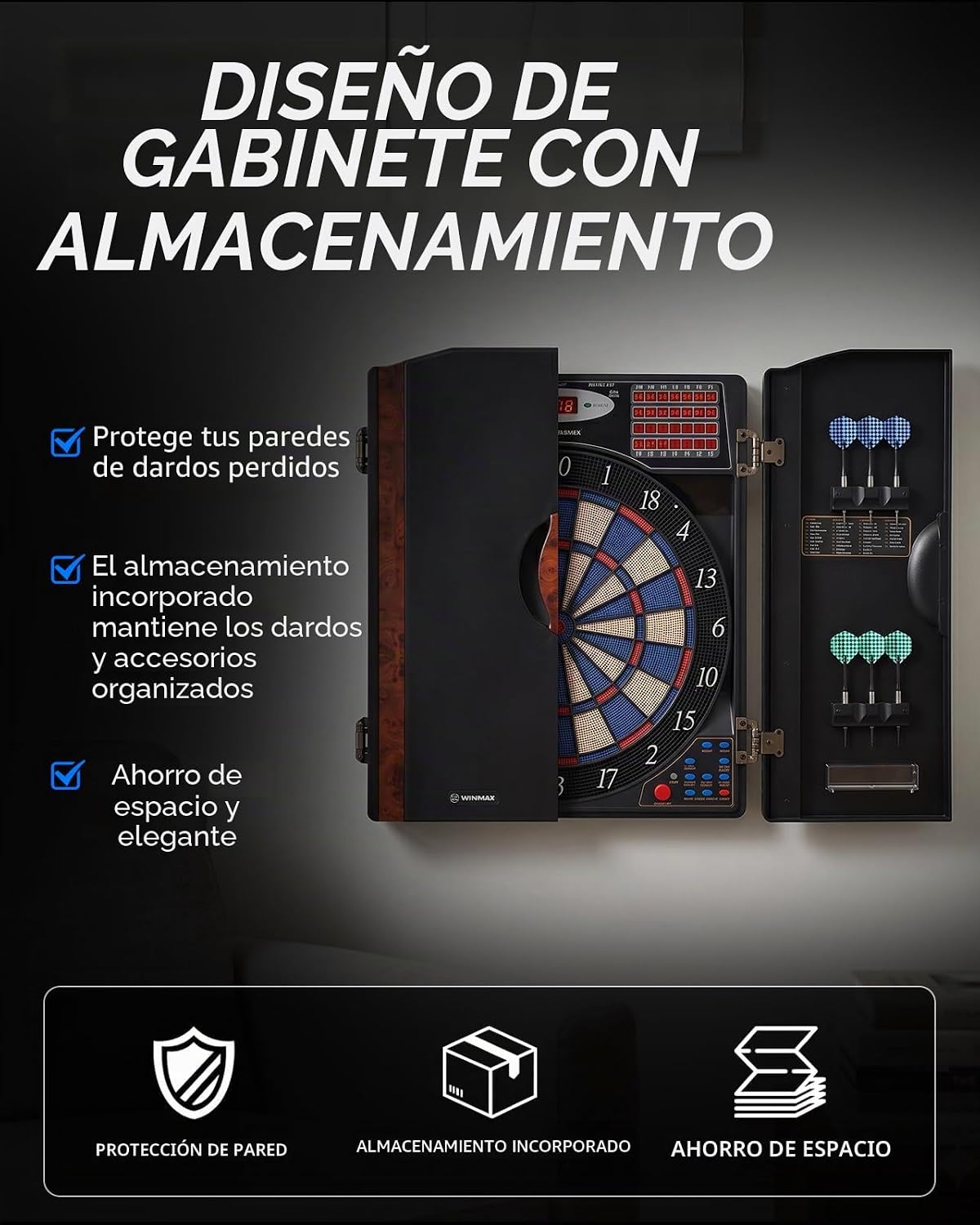 WIN.MAX Electronic Dart Board Cabinet Set para Adults, negro