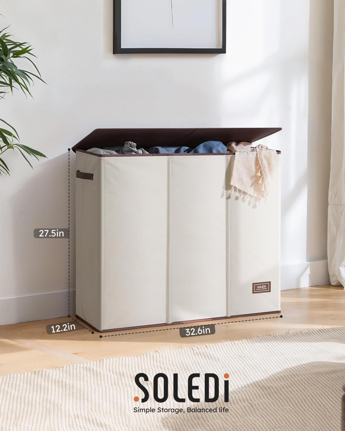SOLEDI Cesta de Ropa Sucia de 180L de 3 Secciones, Cesta de Ropa Sucia Extra Grande con Tapa, Cesta de Ropa Sucia con Asa Resistente, Organizador de Cesta Grande para Cuarto de Lavado, Dormitorio
