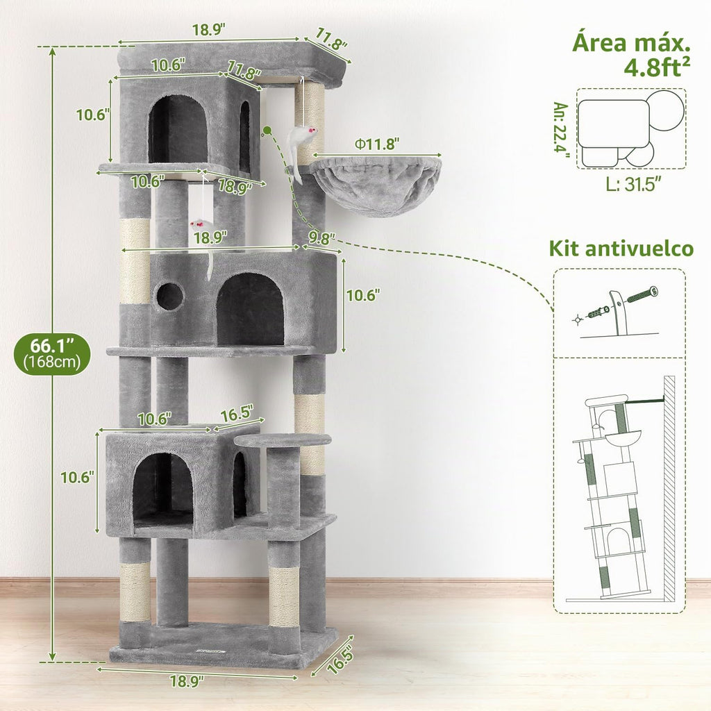 Globlazer Árbol para Gatos de Esquina de 66 pulgadas Torre de Escalada Multinivel Condominios para Gatitos Torre Rascadora para Múltiples Gatos de Interior con Plataforma Grande, 3 Cuevas para Gatos