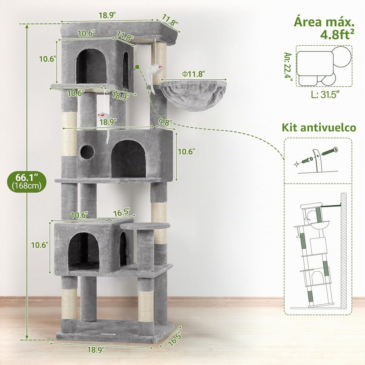 Globlazer Árbol para Gatos de Esquina de 66 pulgadas Torre de Escalada Multinivel Condominios para Gatitos Torre Rascadora para Múltiples Gatos de Interior con Plataforma Grande, 3 Cuevas para Gatos