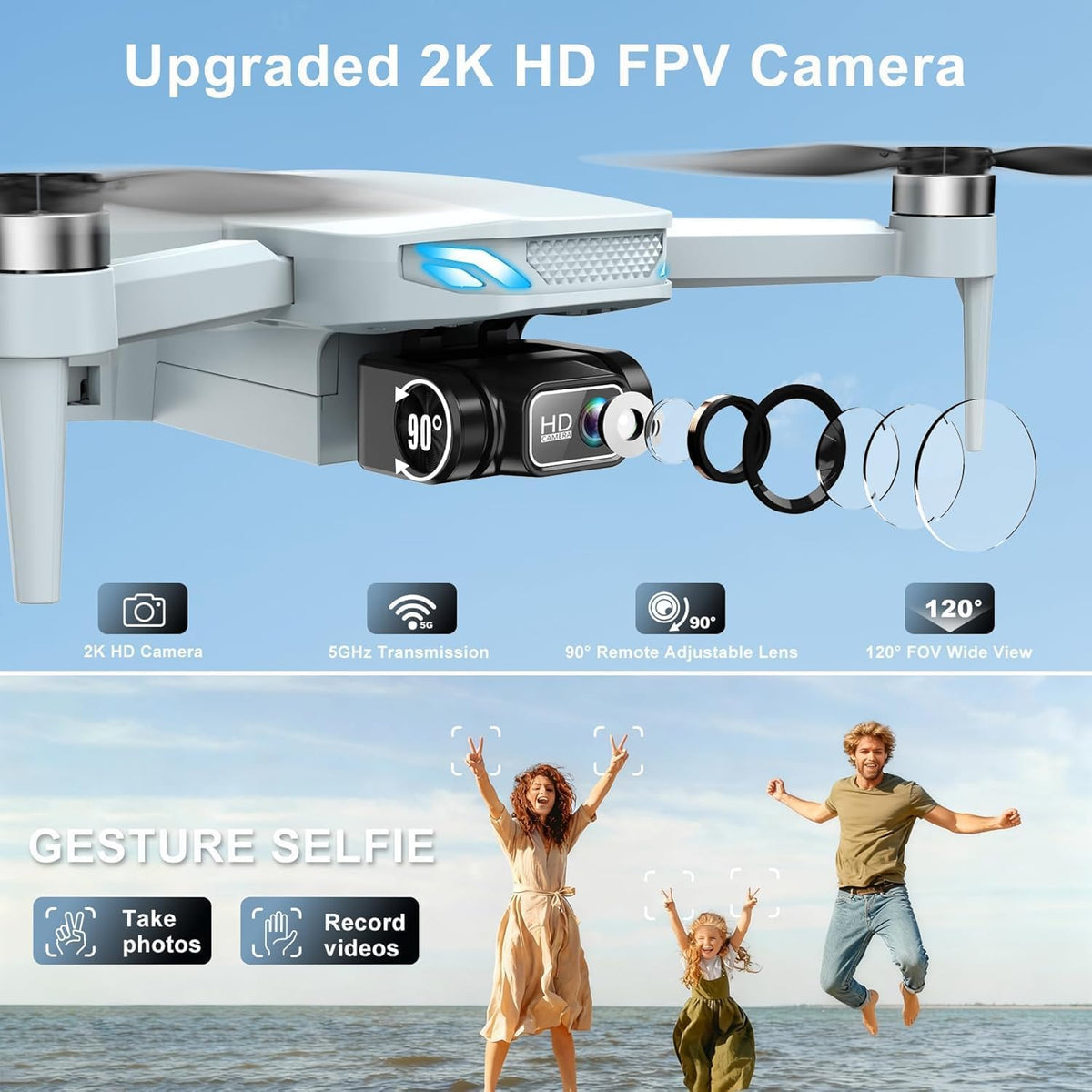 Drone 2K con cámara para adultos y principiantes, mini dron con 2 baterías
