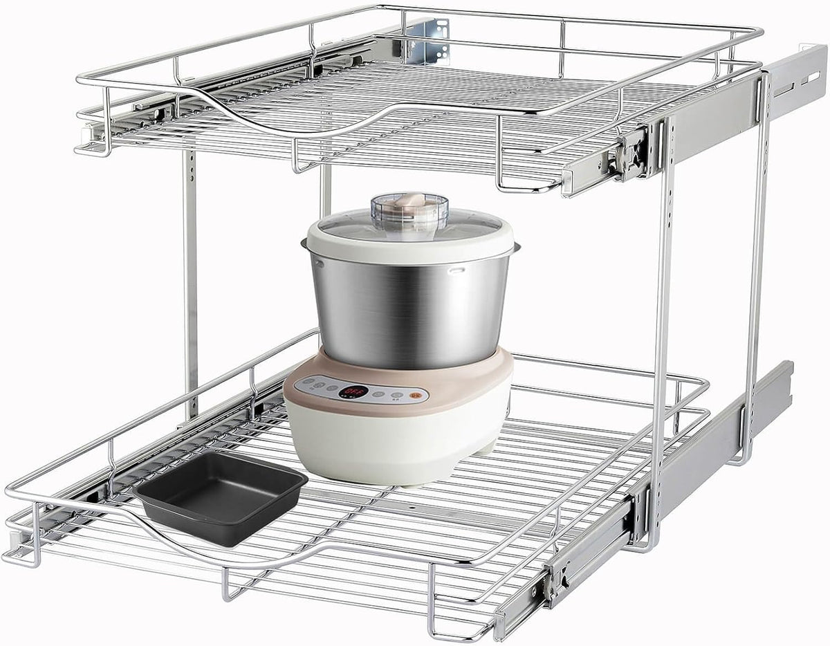 DINDON Organizador de cajones extraíble de 2 niveles (17 pulgadas de ancho x 21 pulgadas de profundidad), estante deslizante de cesta de alambre de doble nivel para gabinete base de cocina, acabado