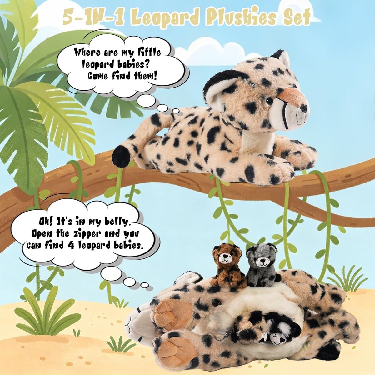 Animal de Peluche Cheetah con 4 crías para Niña, Peluche de Leopardo Para Abrazar