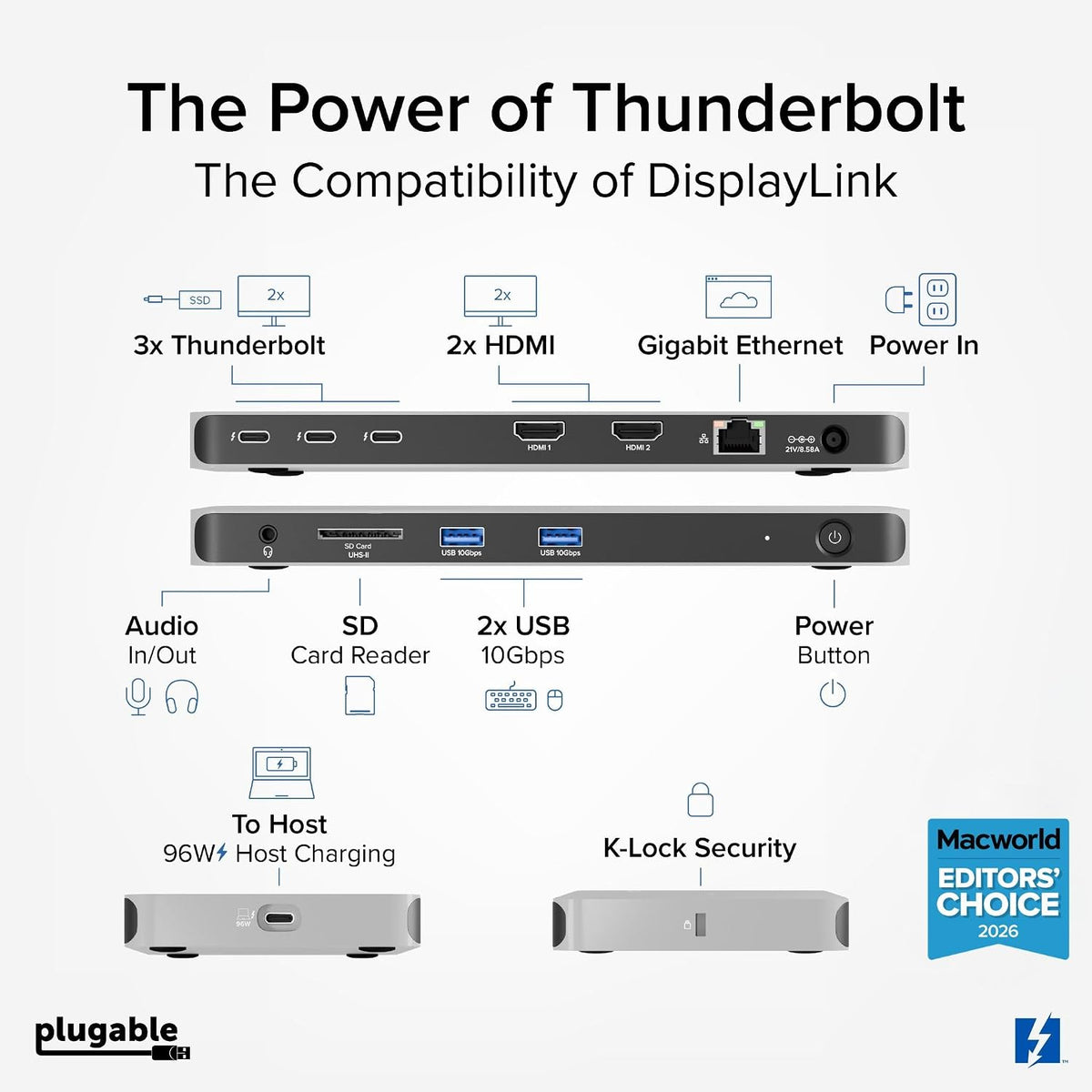 Plugable Base Thunderbolt 4 para cuatro monitores de 100 W, la estación de acoplamiento Thunderbolt conecta hasta cuatro monitores 4K para portátiles Windows y Mac, 2x HDMI, 4x Thunderbolt 4/USB C