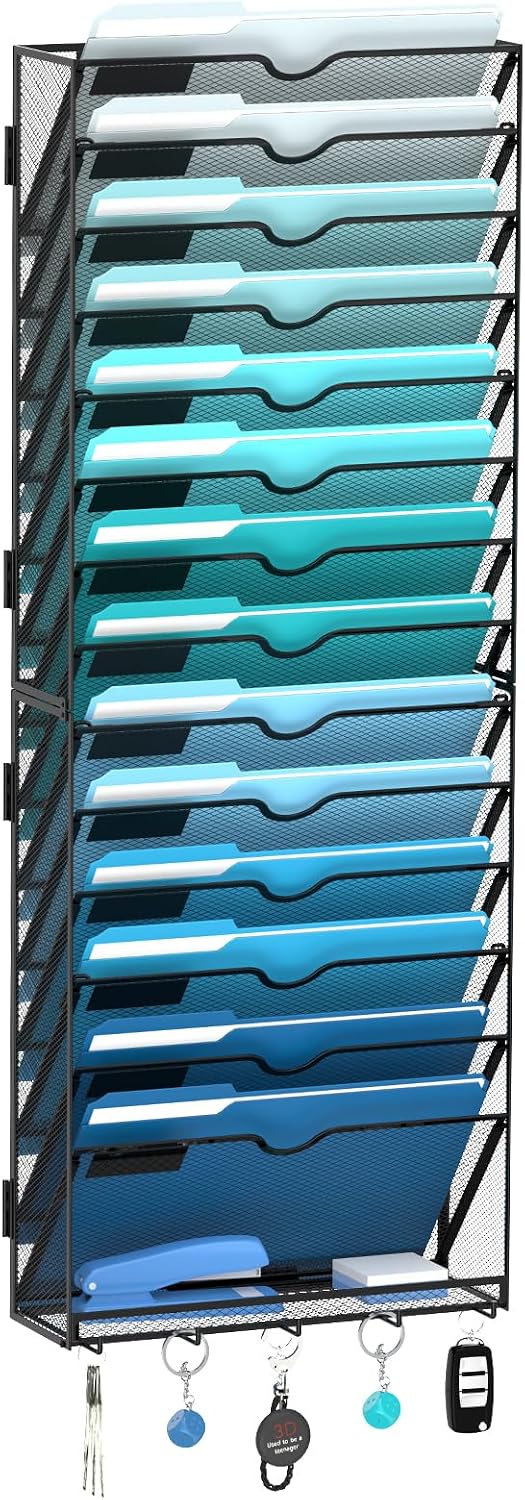 Organizador de archivos de pared de 15 niveles, organizador de archivos colgante con 5 ganchos, soporte de correo montado en la pared para papeles, carpetas, revistas, facturas, organización de