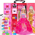 ebuddy 105 Pcs Juego de Muñeca y Armario Plyaset - Set de Wardrobe que Incluye Una Muñeca, Armario, Riel para Zapatos, Vestido, Colgantes y Colgadores de Zapatos