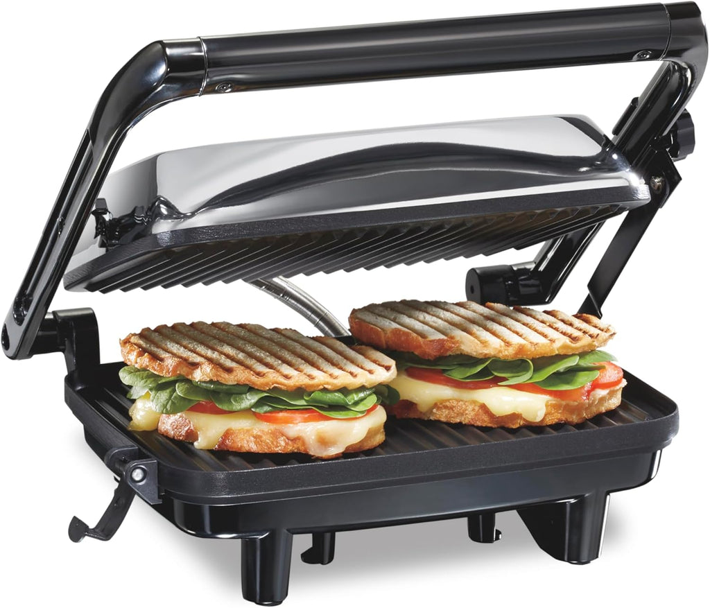 Hamilton Beach Parrilla eléctrica Panini Press con tapa de bloqueo, se abre 180 grados para cualquier grosor de sándwich (25460A) Rejillas antiadherentes de 8 "x 10" Acabado cromado, mediano
