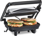 Hamilton Beach Parrilla eléctrica Panini Press con tapa de bloqueo, se abre 180 grados para cualquier grosor de sándwich (25460A) Rejillas antiadherentes de 8 "x 10" Acabado cromado, mediano