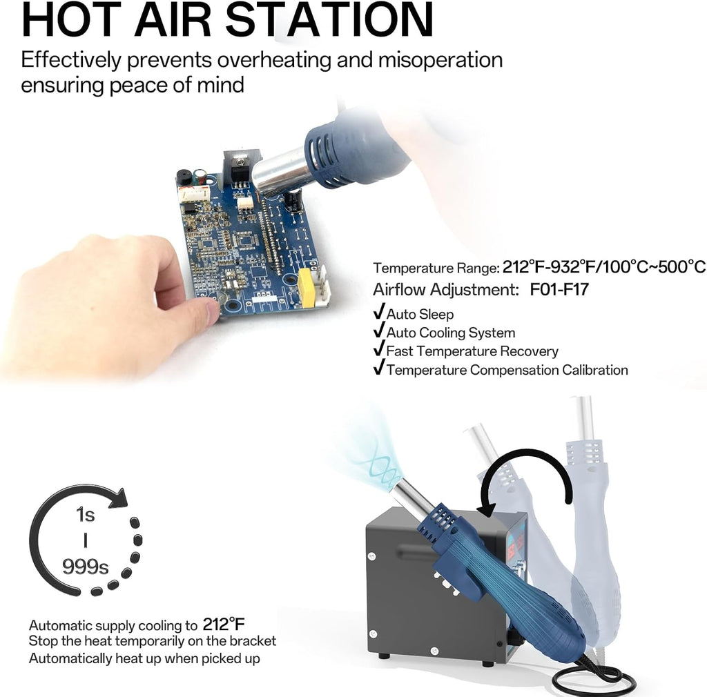 BK8586MX 2 en 1 Estación de retrabajo de aire caliente y estación de soldadura, estación portátil de retrabajo SMD de alta potencia, calentamiento rápido, control de temperatura preciso, diseño de reducción de ruido, conversión de ºC/ºF