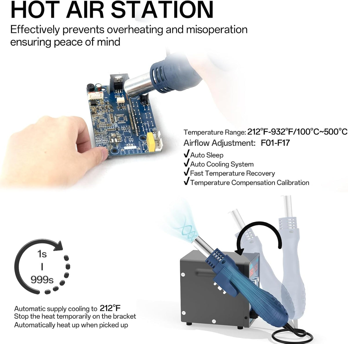 BK8586MX 2 en 1 Estación de retrabajo de aire caliente y estación de soldadura, estación portátil de retrabajo SMD de alta potencia, calentamiento rápido, control de temperatura preciso, diseño de reducción de ruido, conversión de ºC/ºF