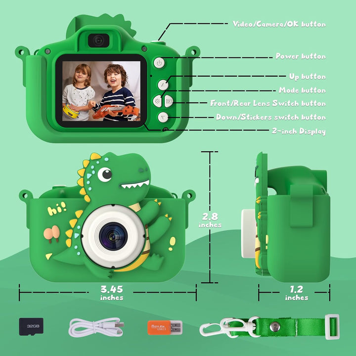Cámara de dinosaurio para niños, cámara HD selfie para niños pequeñ...