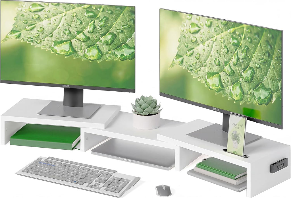 BONTEC Dual Monitor Stand Riser, Adjustable Length & Swivel Angle, blanco