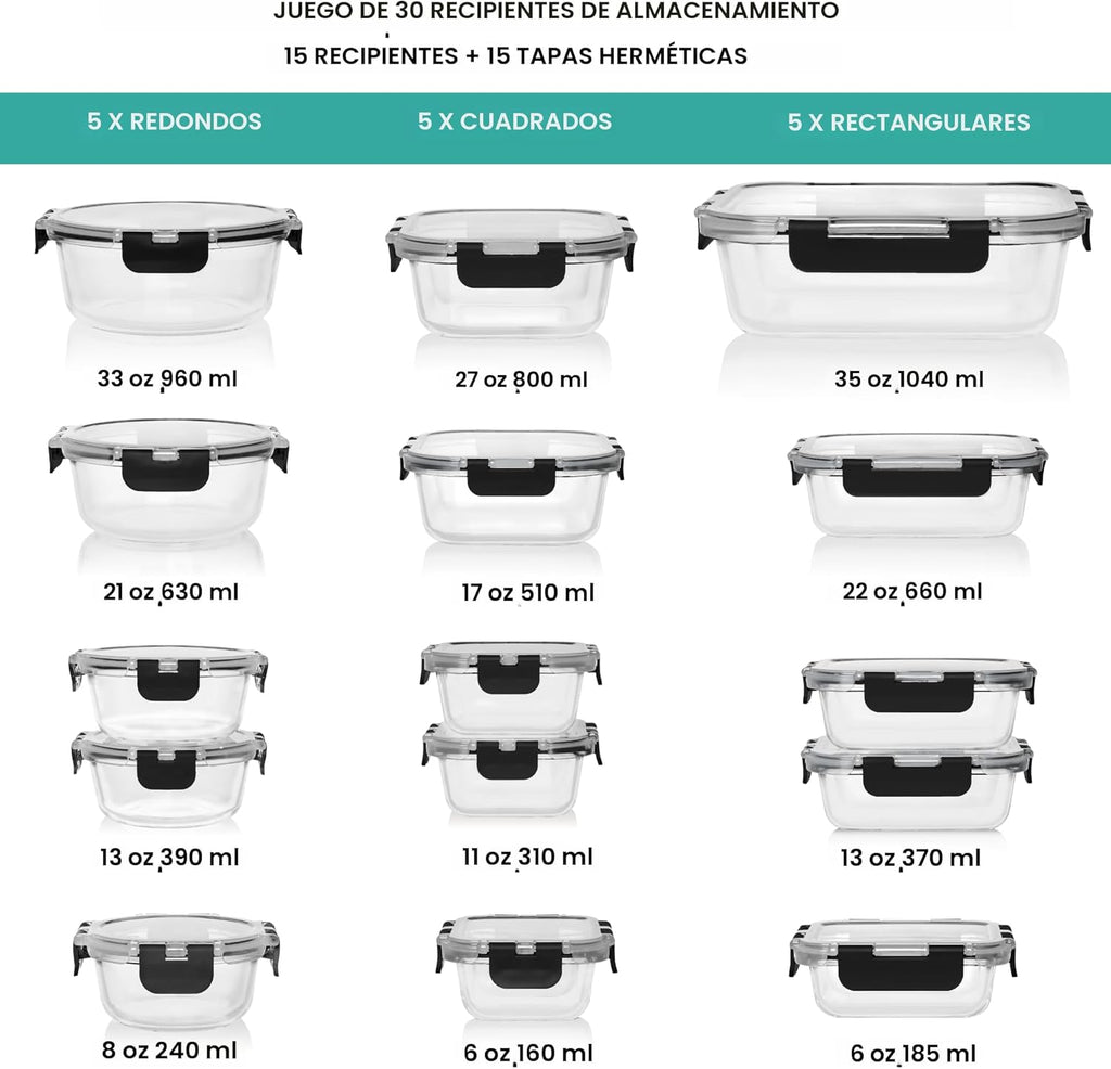 Razab 30 unidades de recipientes de vidrio para almacenamiento de alimentos con tapas - Recipientes reutilizables de vidrio para preparación de comidas para almuerzo y sobras - Tapas herméticas y a