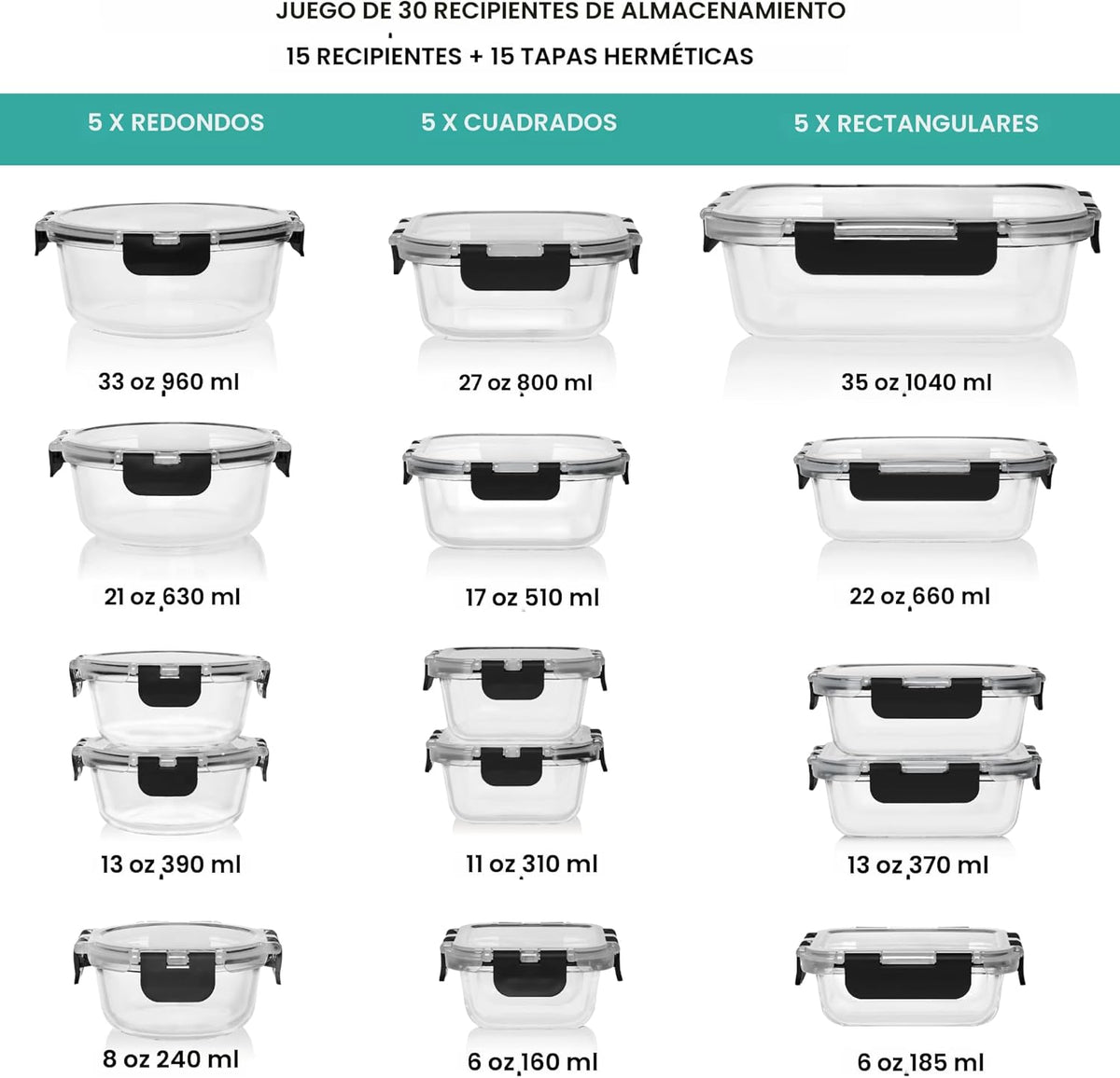 Razab 30 unidades de recipientes de vidrio para almacenamiento de alimentos con tapas - Recipientes reutilizables de vidrio para preparación de comidas para almuerzo y sobras - Tapas herméticas y a