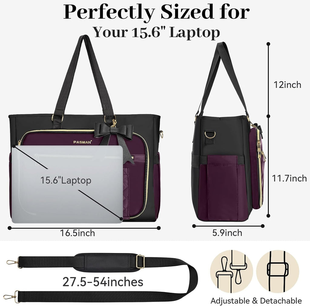PASMAN Bolsa de mano para profesores para mujer, bolsa estructurada, Púrpura, 15.6 pulgadas