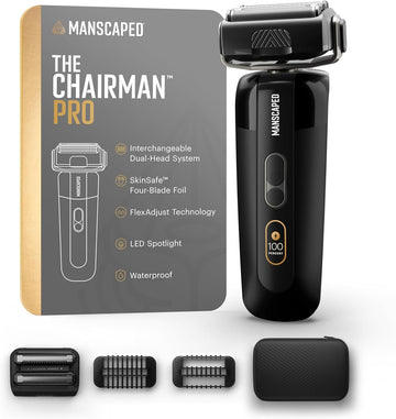 MANSCAPED® The Chairman™ PRO - Afeitadora facial eléctrica para hombre, dos cabezales de cuchilla intercambiables, lámina de cuatro hojas SkinSafe® y recortadora de rastrojos, carga inalámbrica