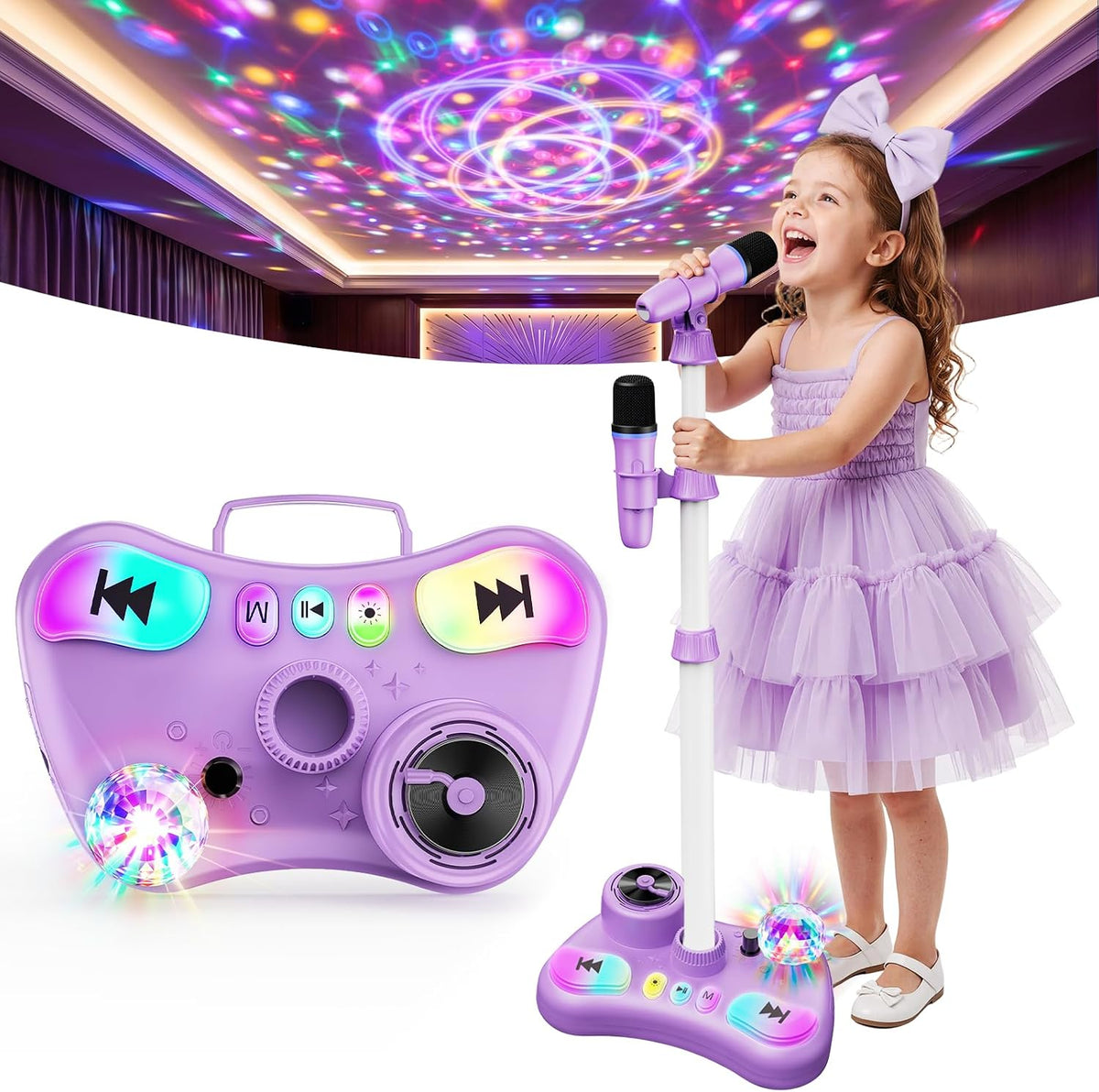 Máquina de karaoke con soporte para niños, micrófono de karaoke recargable con luz de discoteca y 2 micrófonos inalámbricos, juguetes de canto de Navidad, regalos de cumpleaños para niñas de 3, 4, 5