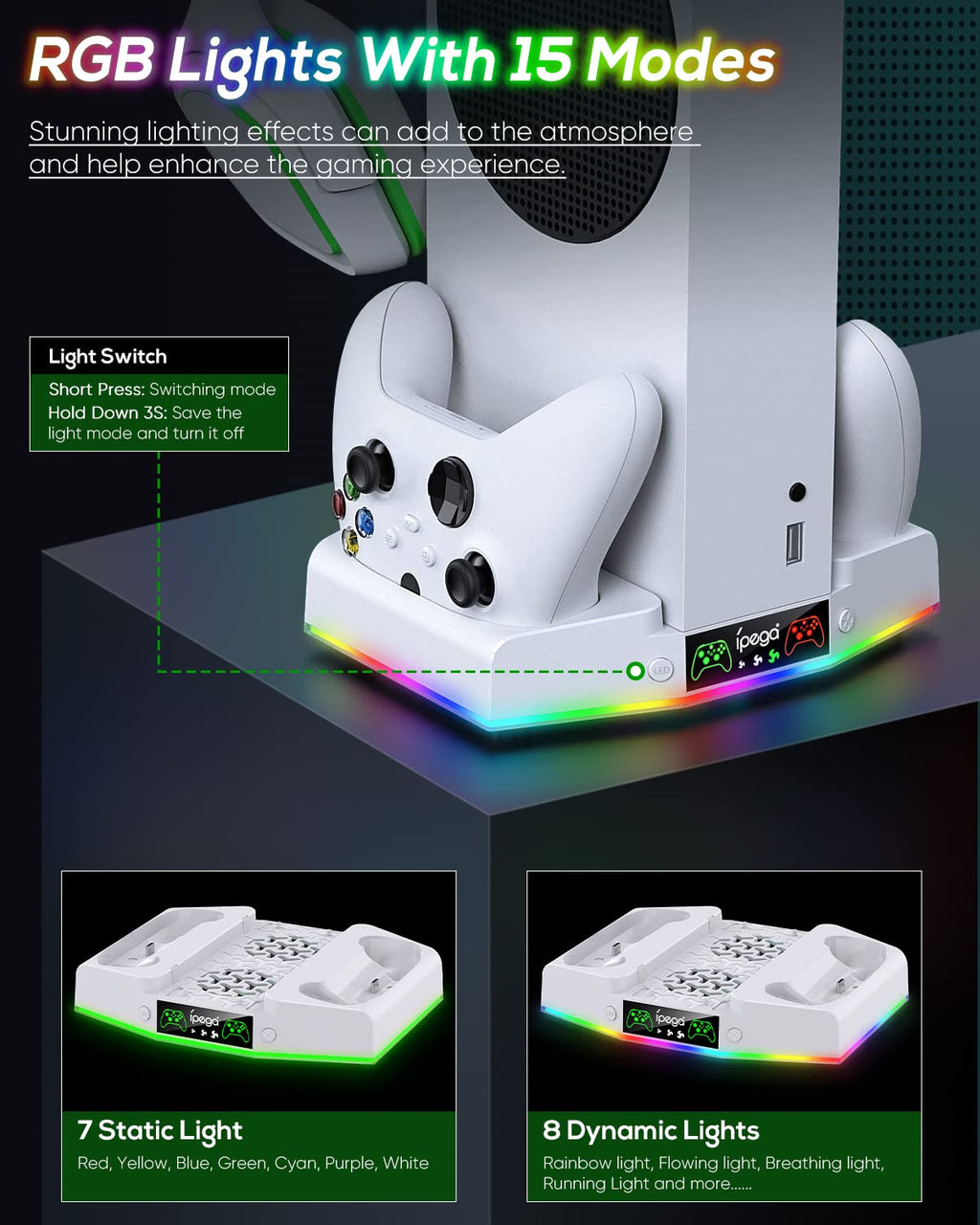 Soporte de refrigeración y estación de carga para Xbox Series S con tira de luz RGB, color blanco